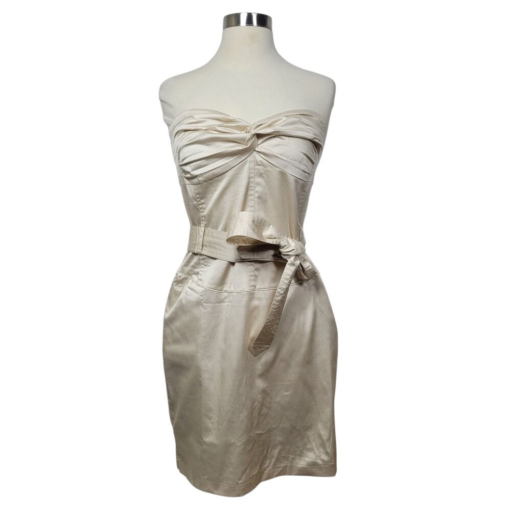 NWT TCEC Beige Strapless Belted Smocked Sweetheart Pockets Mini Dress Medium